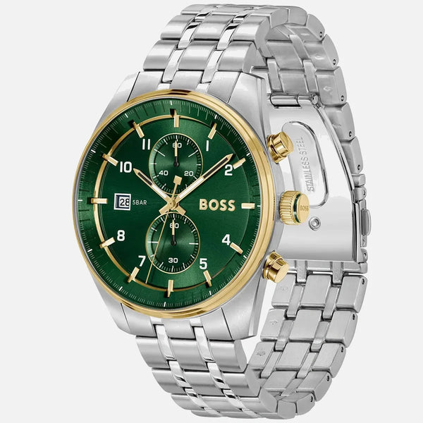 Hugo Boss herreur med grøn urskive og stållænke