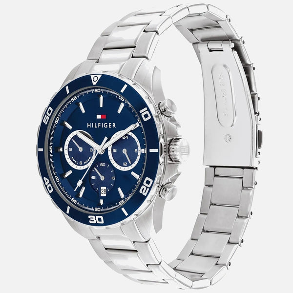 Tommy Hilfiger herreur med blå urskive og stållænke