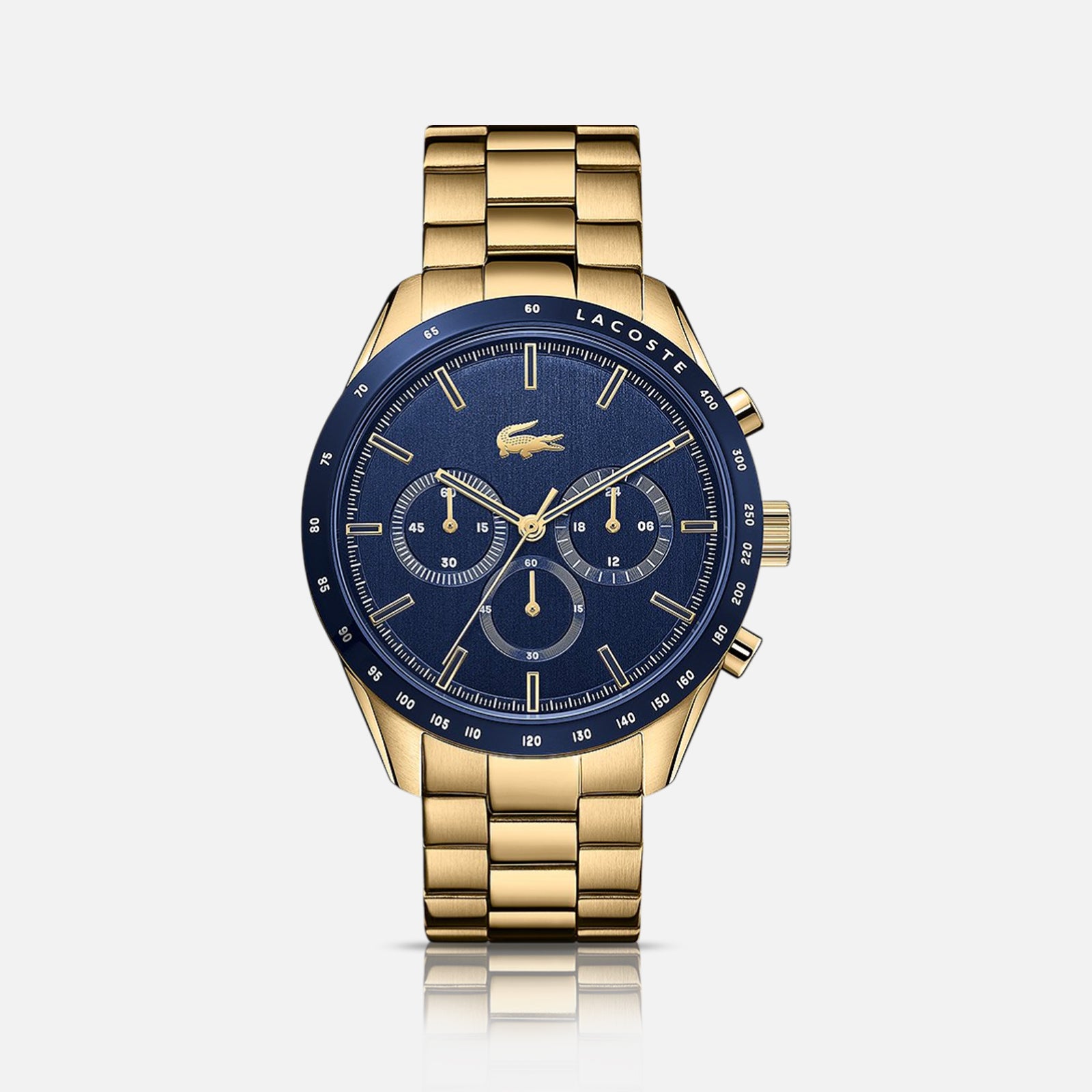 Lacoste Boston herreur i guld med blå urskive og kronograf
