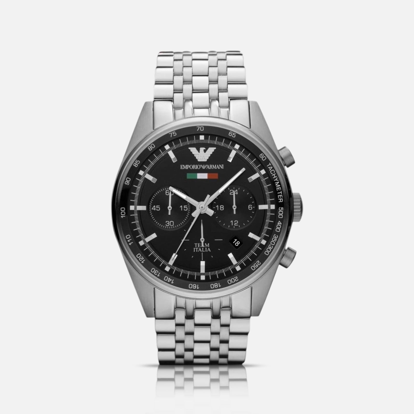 Emporio Armani Tazio herreur med sort urskive og stållænke