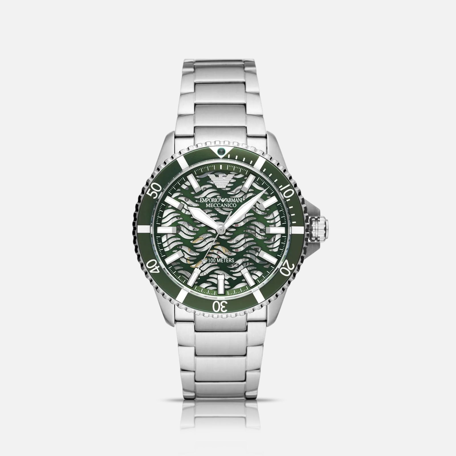 Emporio Armani Meccanico armbåndsur med grøn skeletskive og stållænke