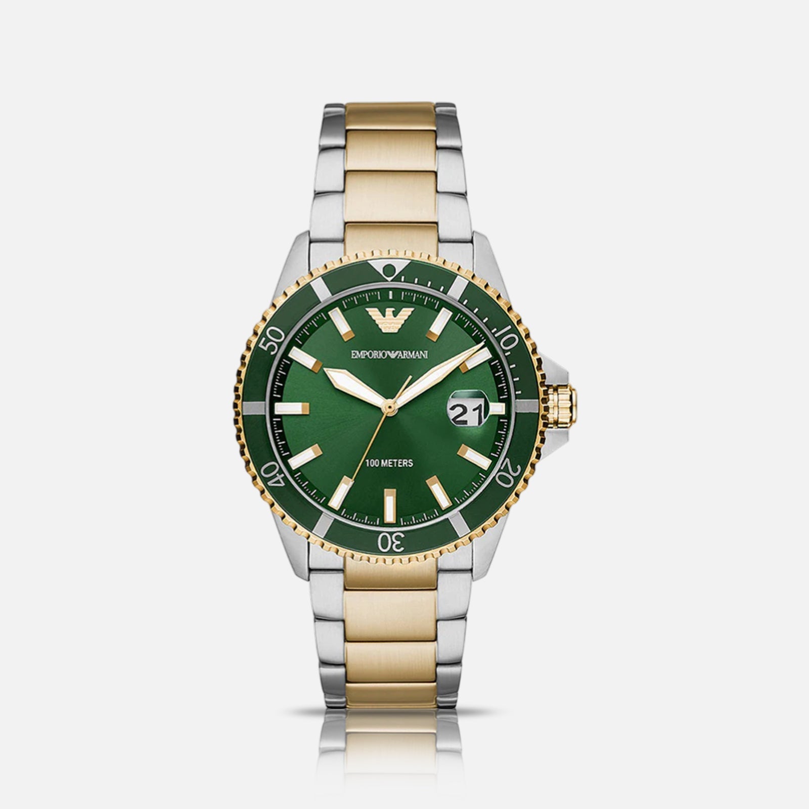 Emporio Armani herreur med grøn urskive og to-tonet lænke i stål og guld