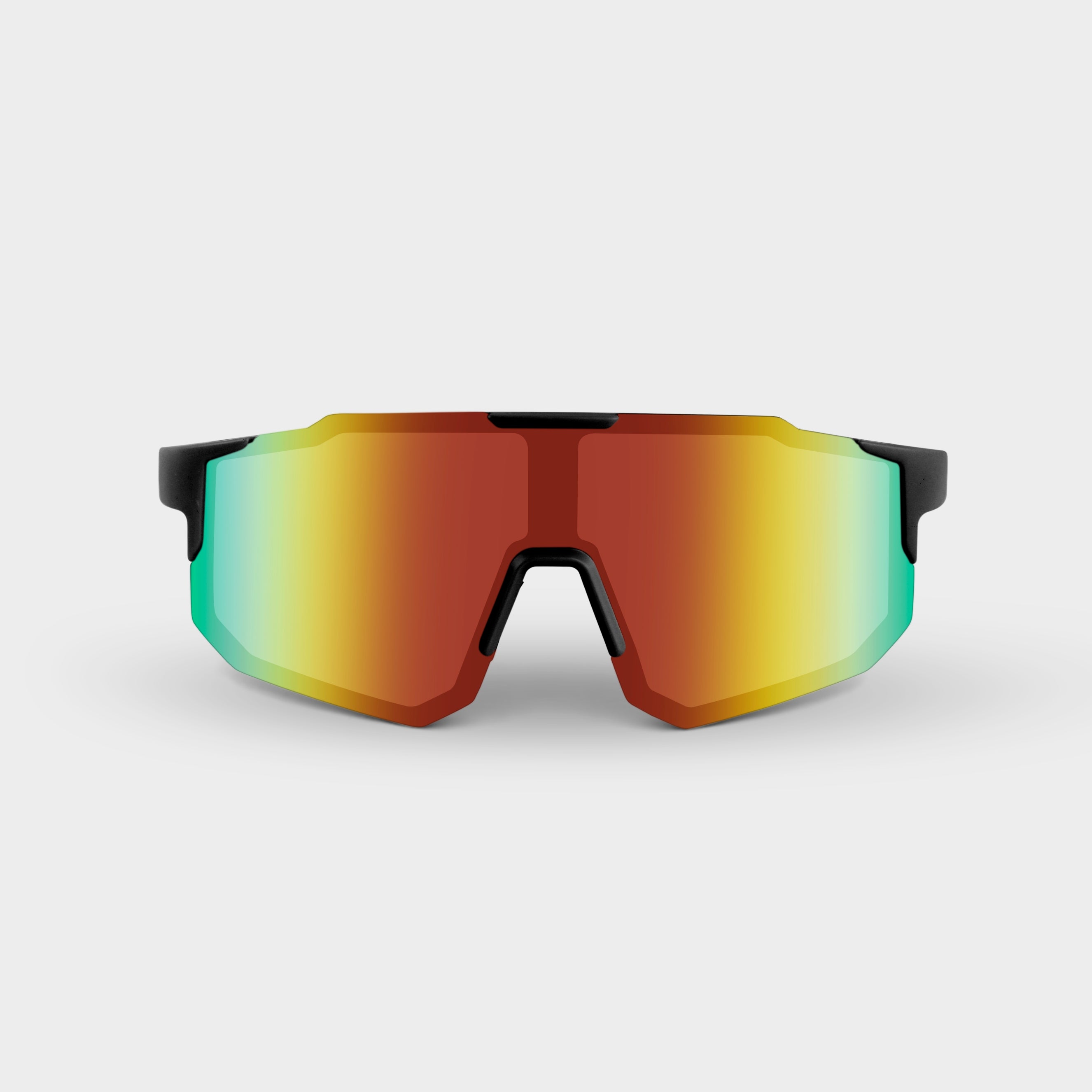 Noire Plum sportsbriller med sort stel og farverige spejlglas set forfra