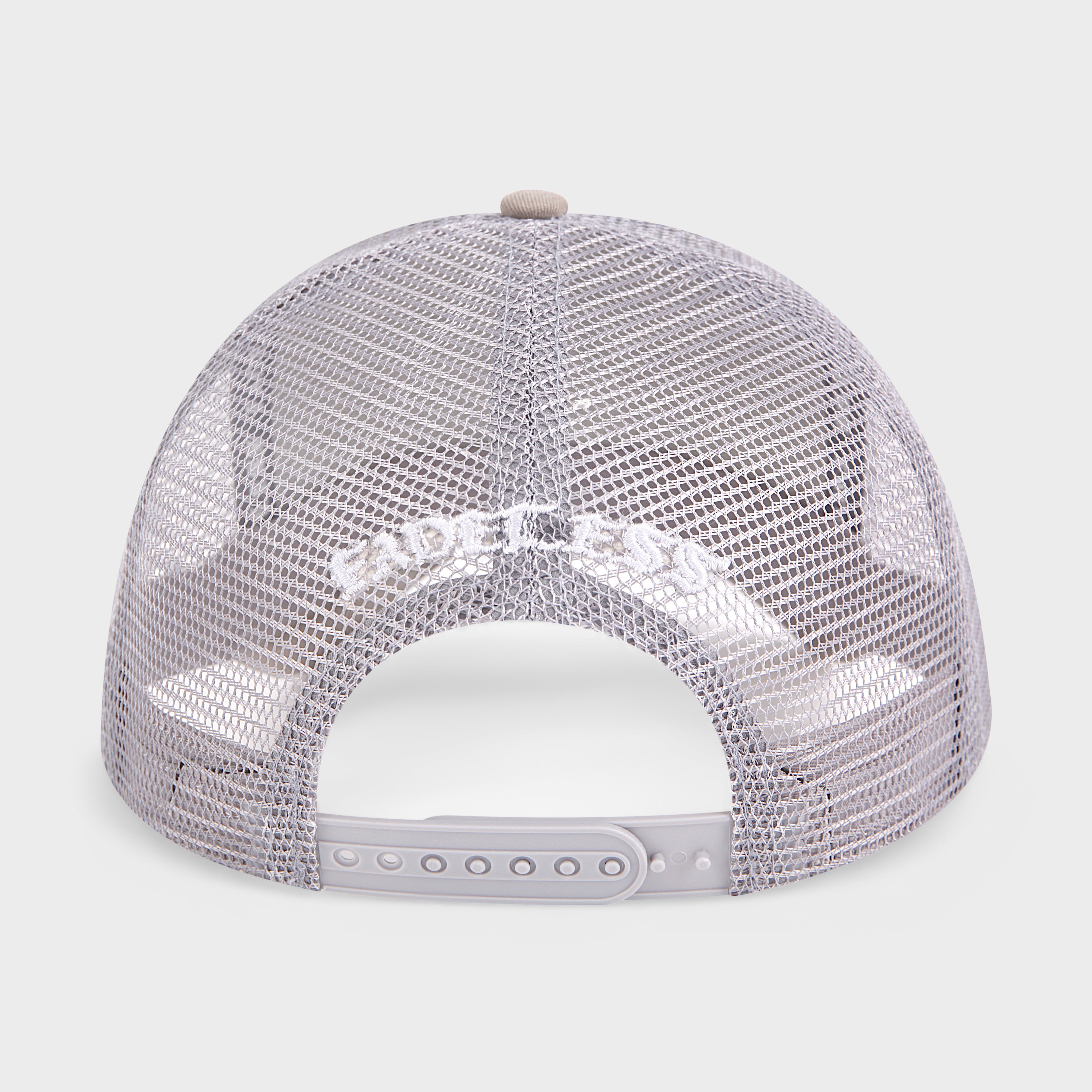Grå trucker cap med mesh bagside og justerbar snapback lukning