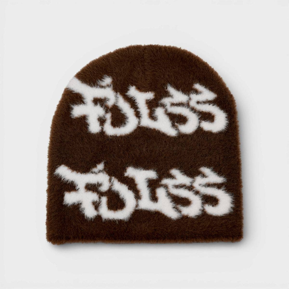 Brun strikket hue med hvidt #DLSS logo-mønster