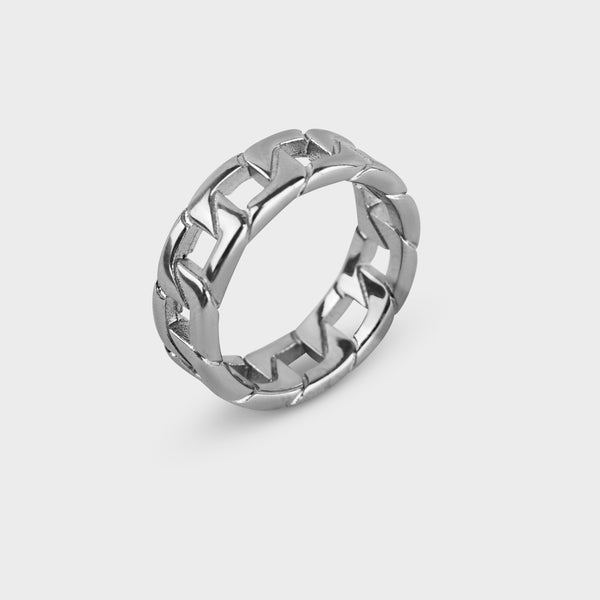 Sølvfarvet curb chain ring i flettede led
