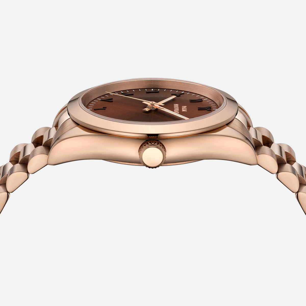 Rosegold armbåndsur med brun urskive i sidevisning