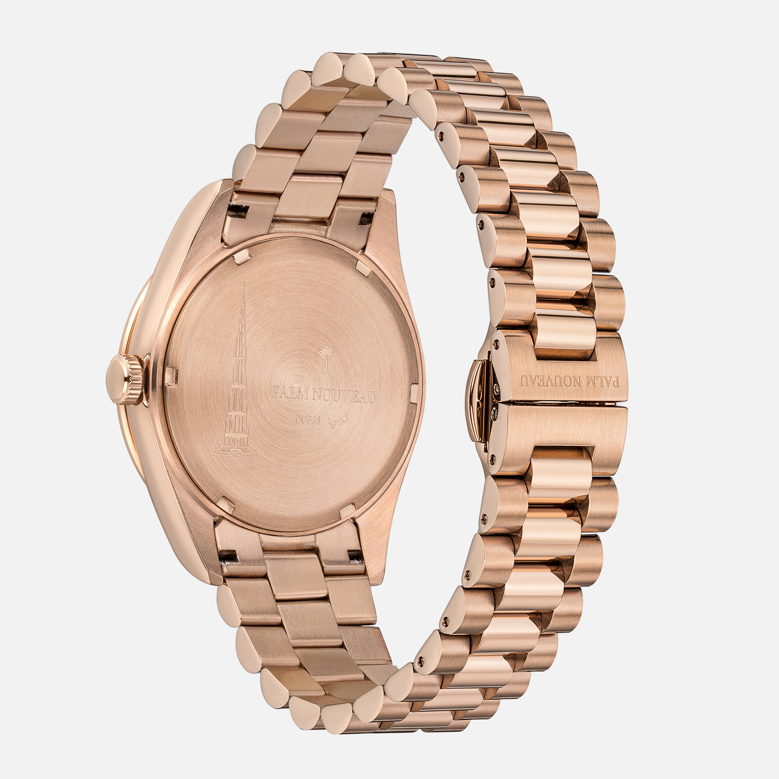 Roséguldfarvet armbåndsur med metalrem set bagfra