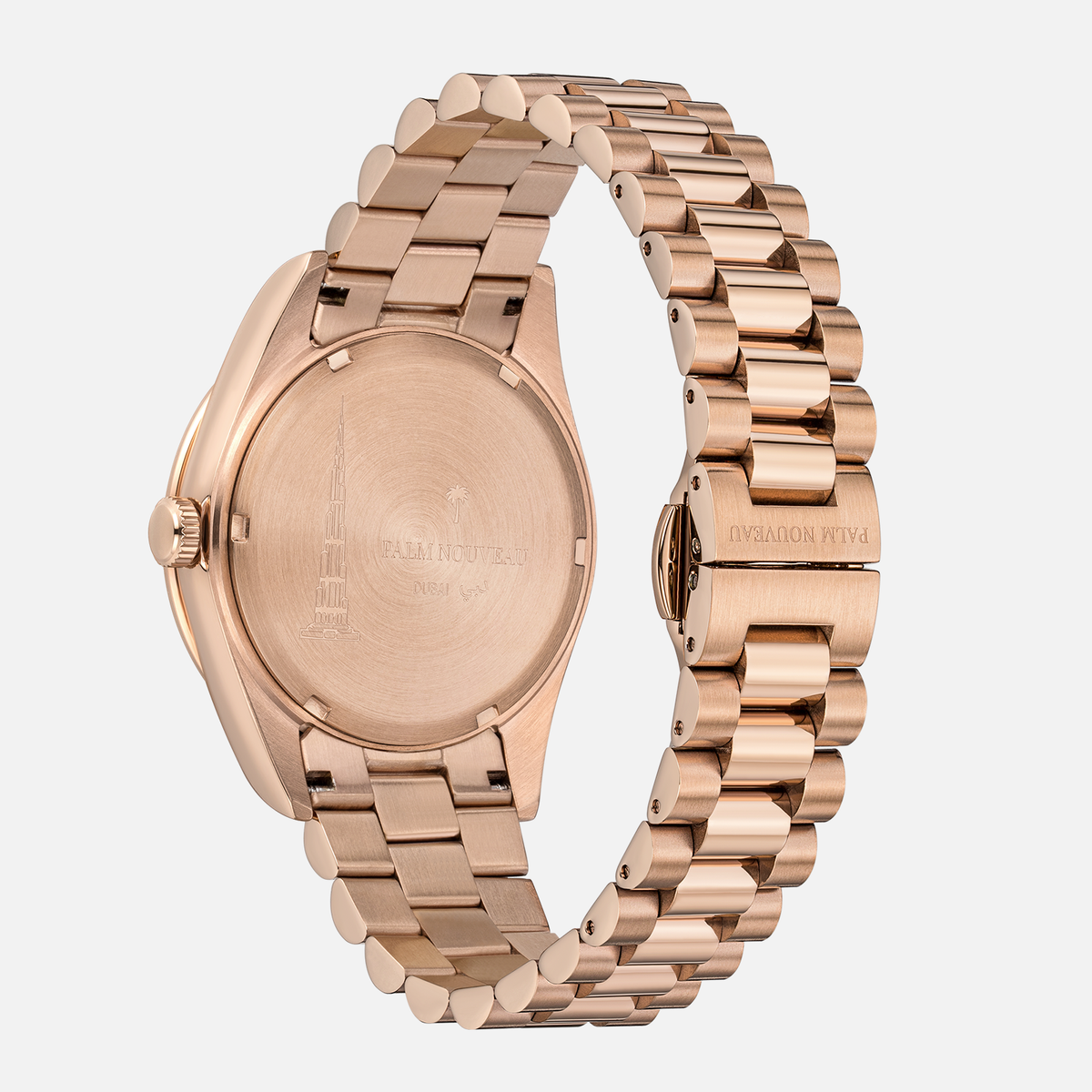 Roséguldfarvet armbåndsur med metalrem set bagfra