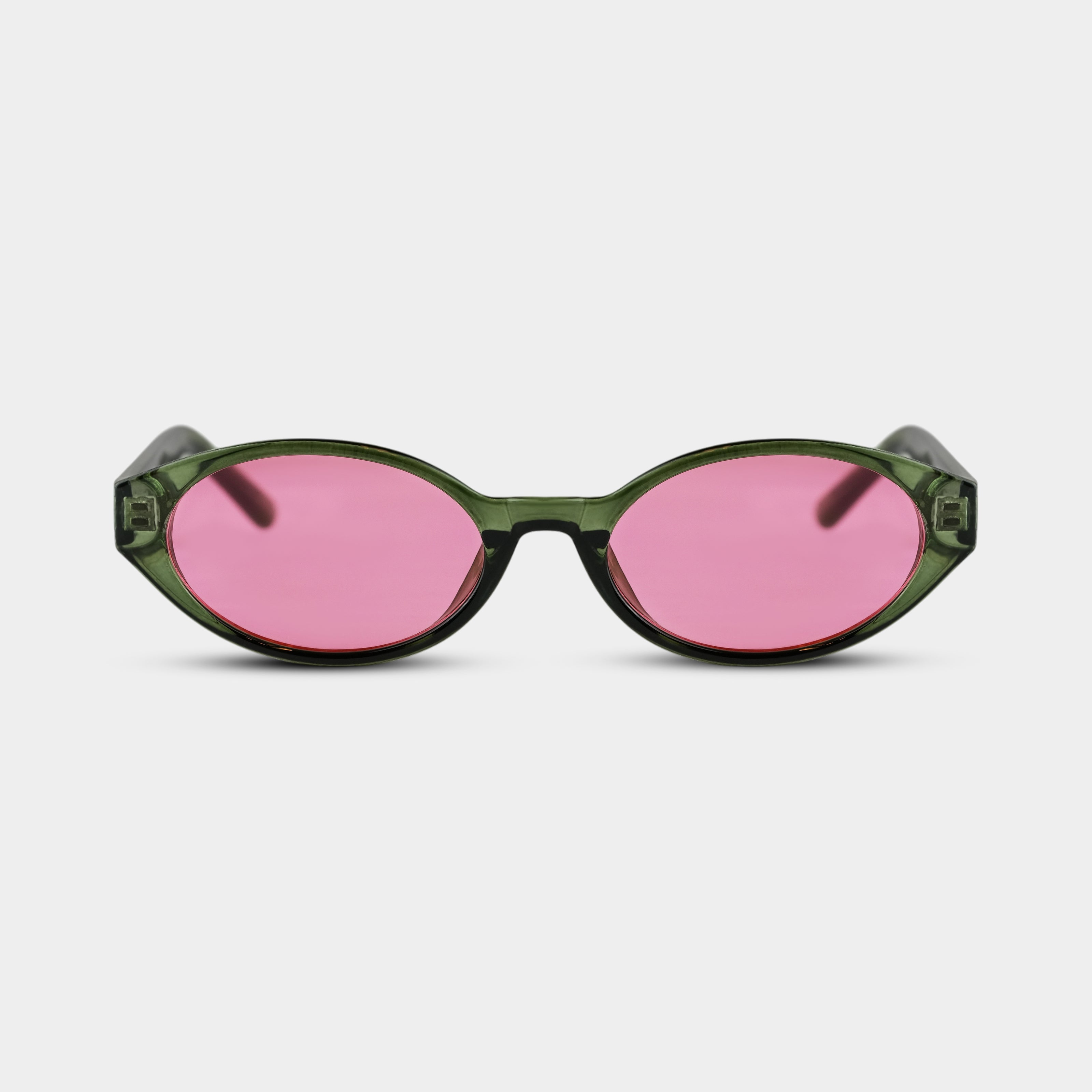 Freja Pink solbriller med grøn stel og lyserøde glas set forfra