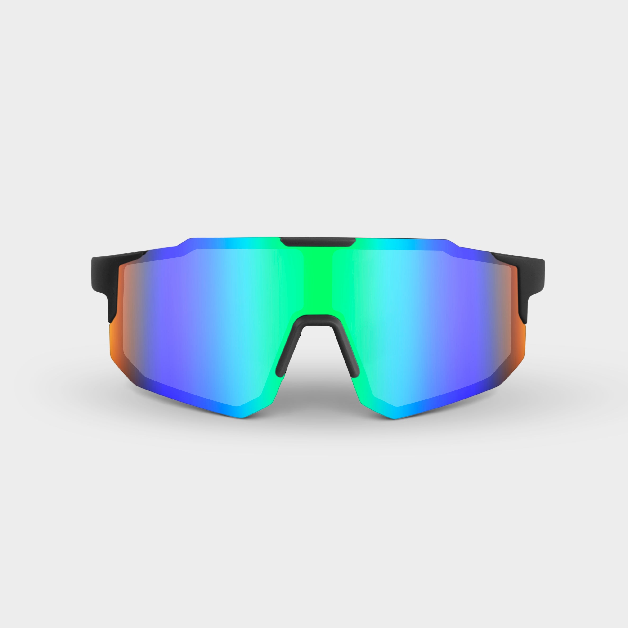Noire Leafy sportsbriller med violet-grøn spejllinse og sort-orange stel forfra