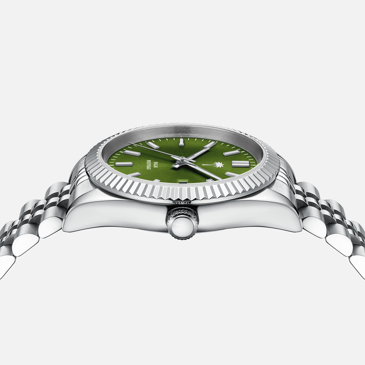 Armbåndsur med grøn urskive og stållænke fra Palm Nouveau