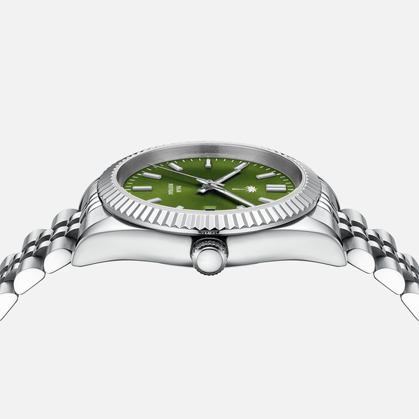Armbåndsur med grøn urskive og stållænke fra Palm Nouveau