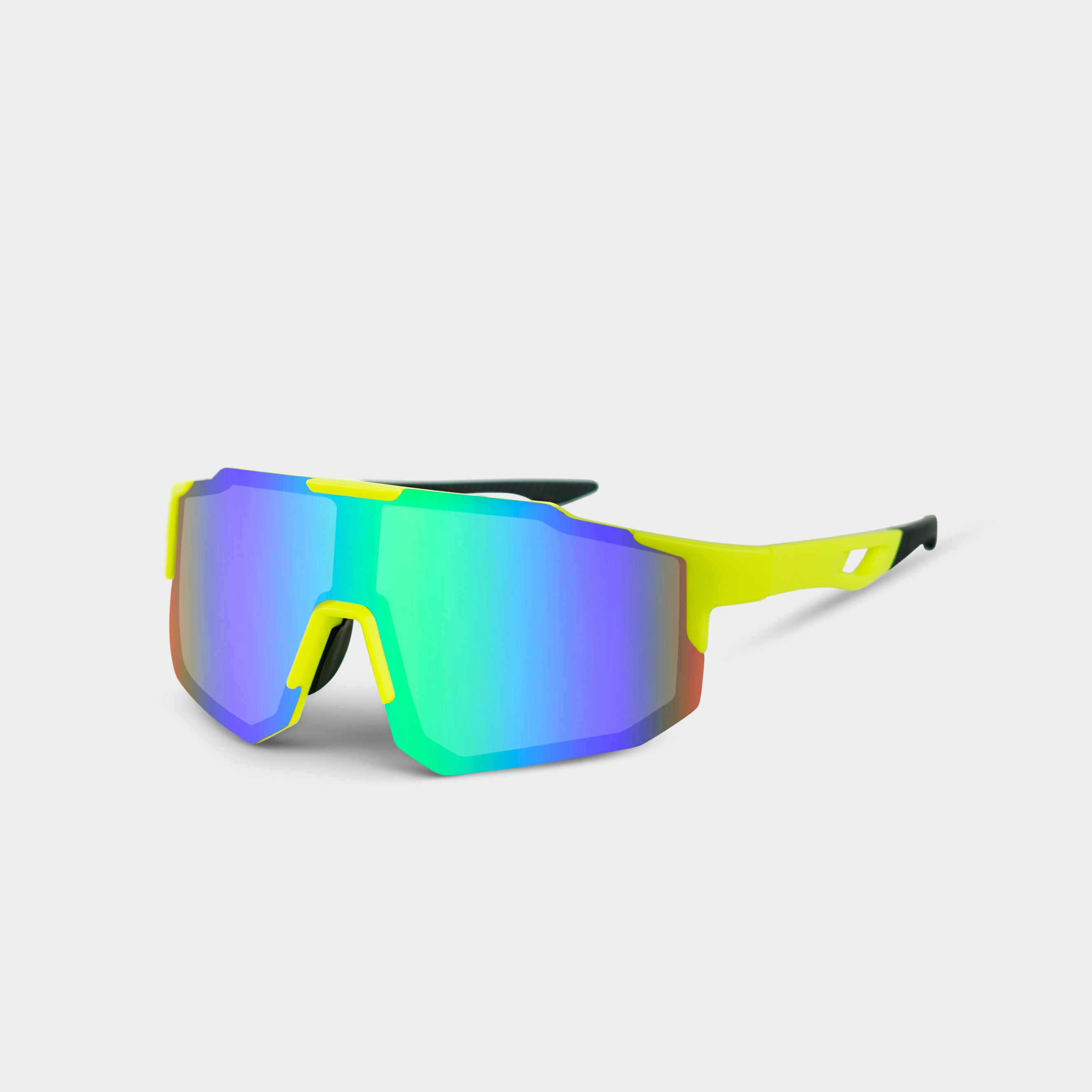 Sportsbriller med grøn-gul stel og spejlreflekterende glas
