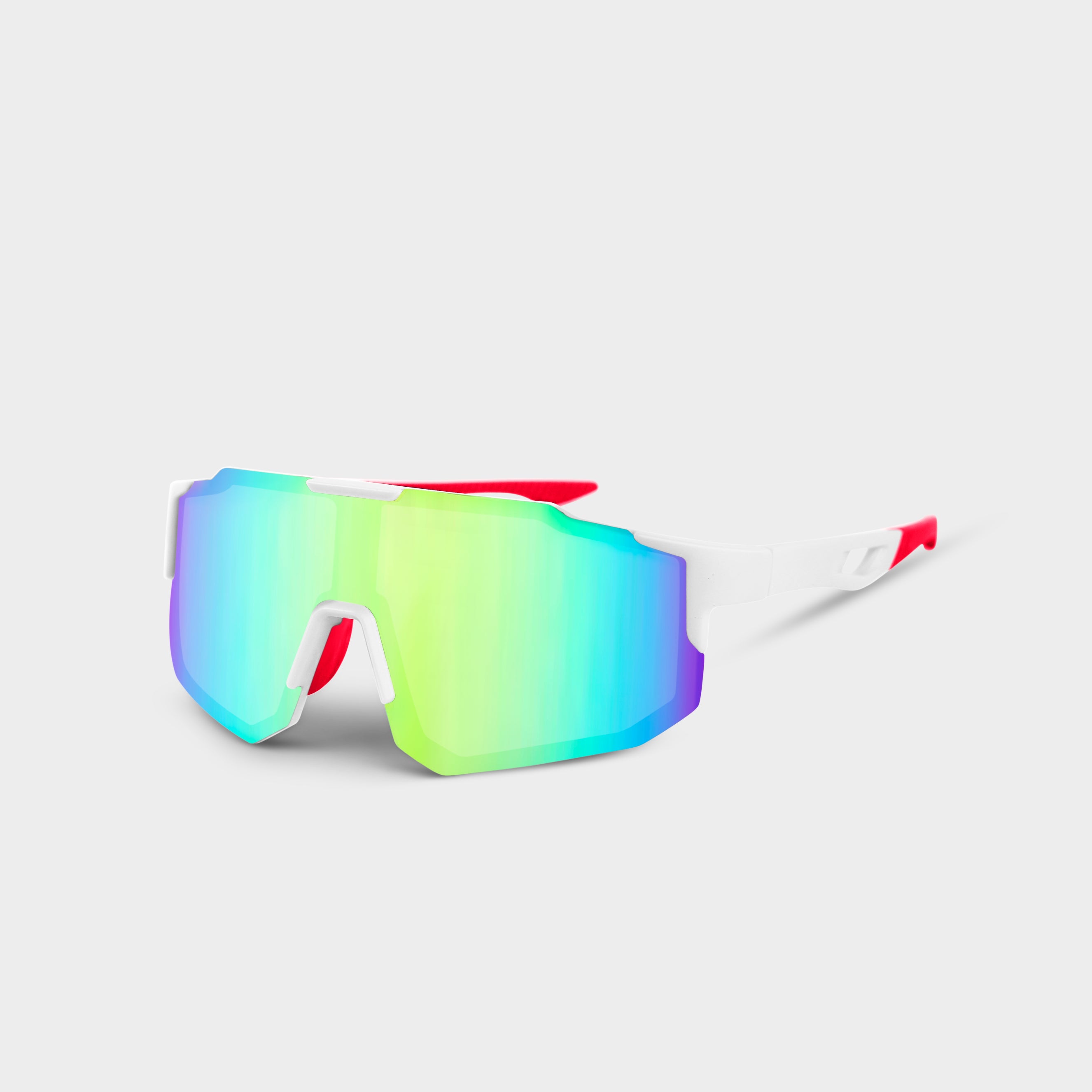 Noire Frost sportsbriller i hvid med farverige spejlglas og røde detaljer