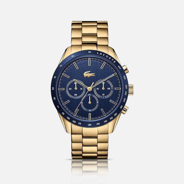 Lacoste Boston herreur i guld med blå urskive og kronograf