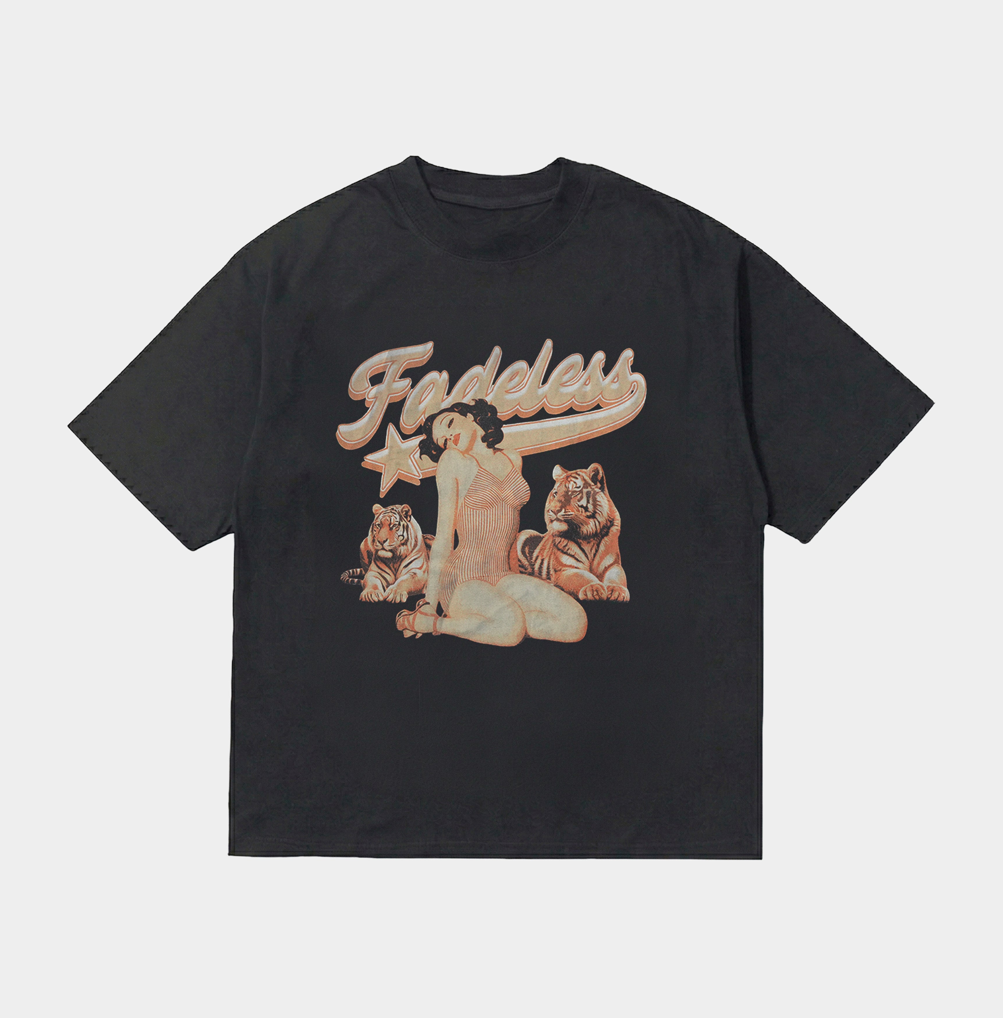 Sort Fadeless t-shirt med vintage "Fadeless" logo og tigre grafik