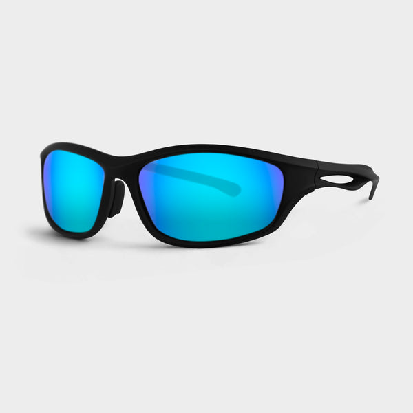 Lumina Ocean sportssolbriller med blå spejlglas og sort stel i sidevinkel