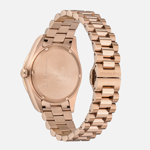 Roséguldfarvet armbåndsur med metalrem set bagfra