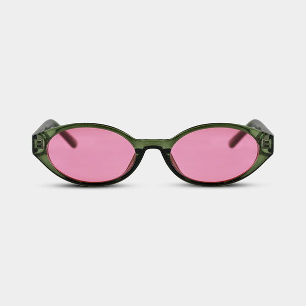 Freja Pink solbriller med grøn stel og lyserøde glas set forfra
