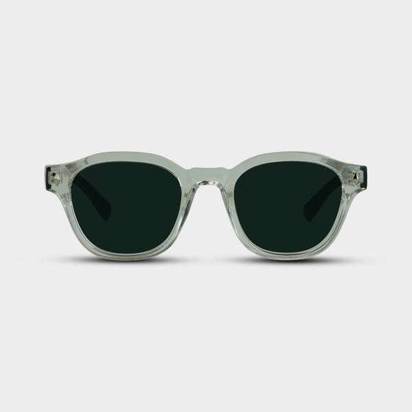 Hjalmer Lucid solbriller med transparent stel og mørke glas set forfra
