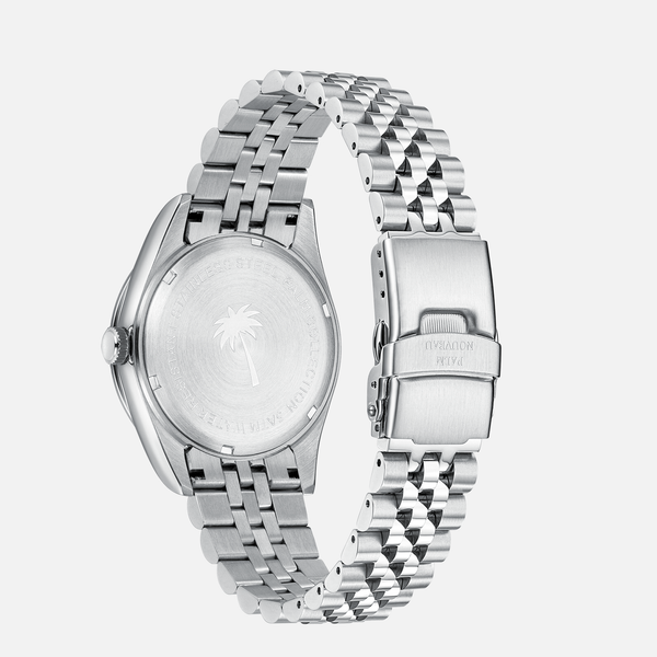 Rustfrit stål armbåndsur med foldespænde og palmetræ-logo på bagsiden