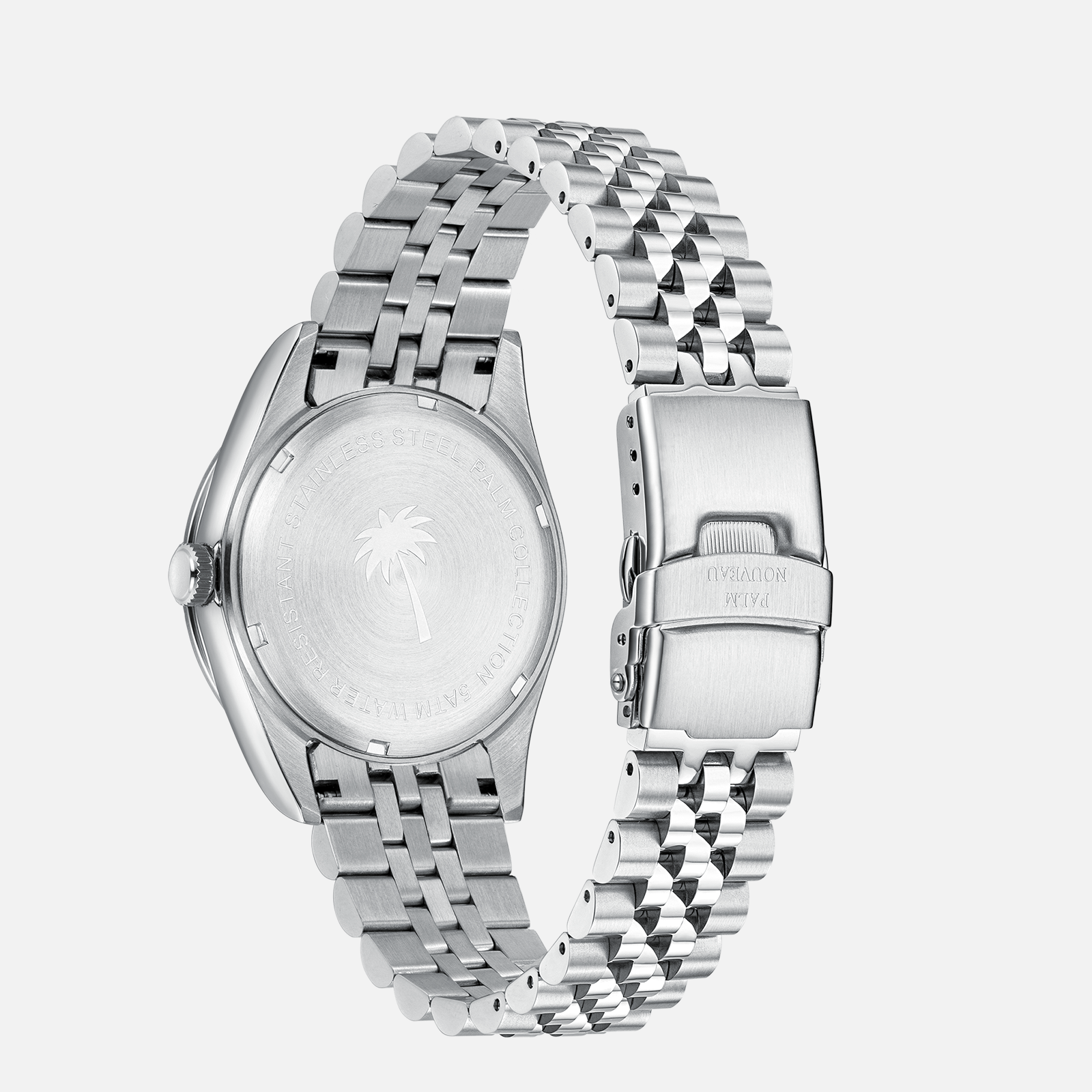 Rustfrit stål armbåndsur med foldespænde og palmetræ-logo på bagsiden