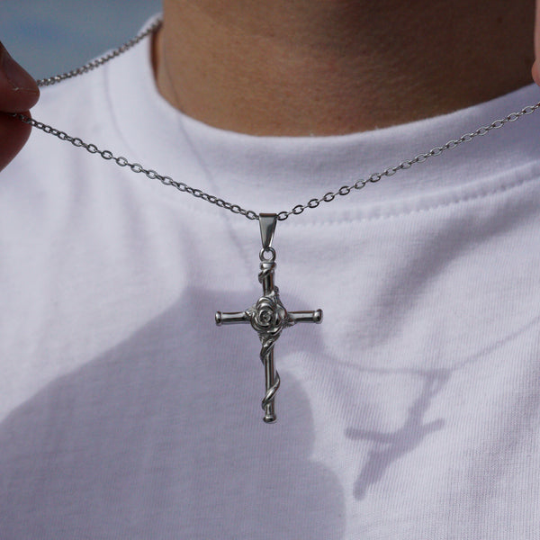 Rose Cross Necklace - Silver