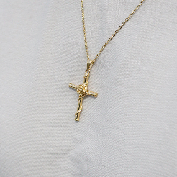 ROSE CROSS NECKLACE - GOLD