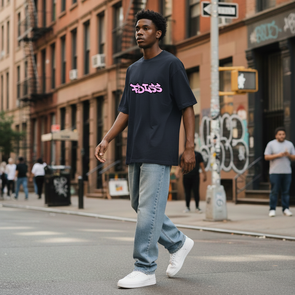 Emission Tee Box Fit - Navy/Pink