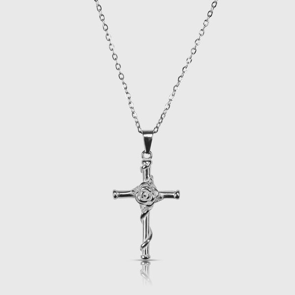 Rose Cross Necklace - Silver